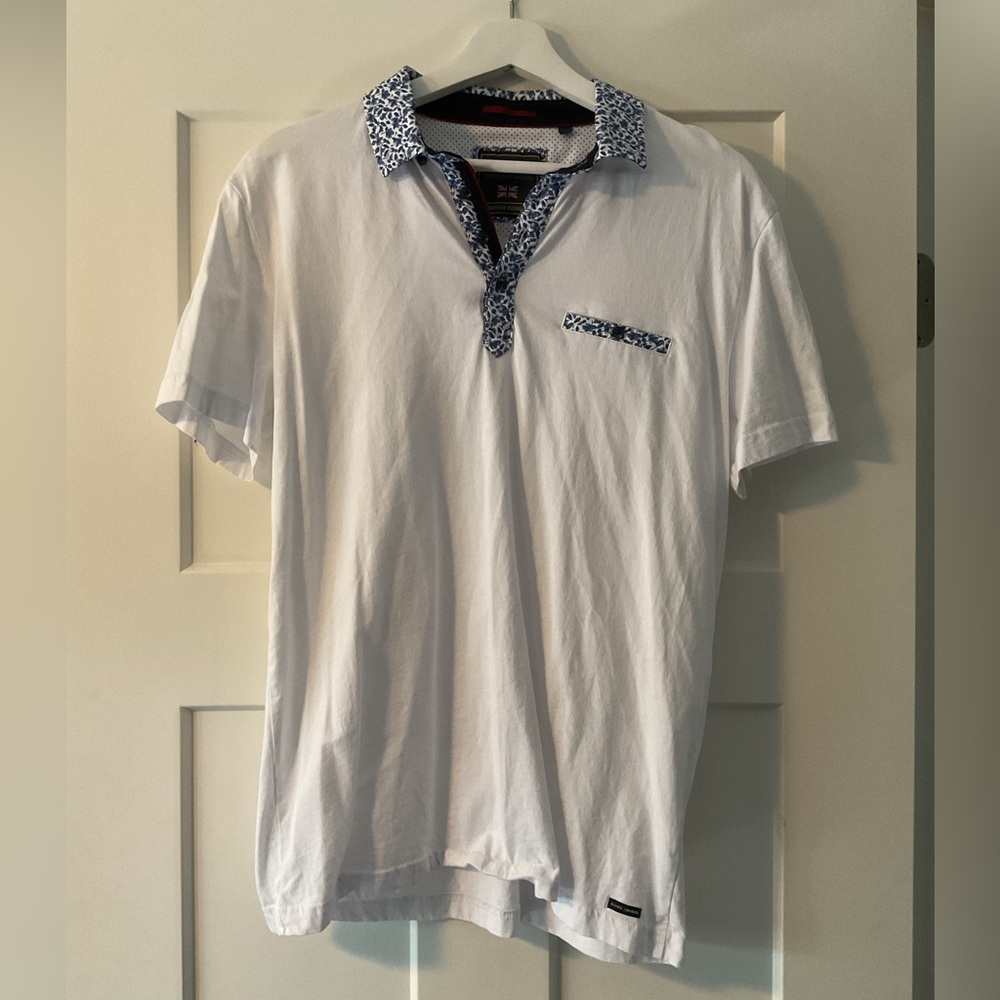 (2 for $20) Men's White Polo Shirt with Floral Patterned Collar